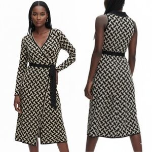 Nwt Diane von Furstenberg DVF Trgt Black Geometric Knit Wrap Dress Vintage Weave